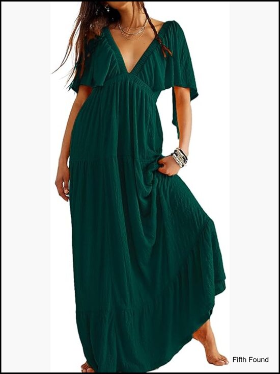 Dresses & Skirts - Sexy V-Neck Maxi Dress Flutter Sleeve Backless Tiered A-Line Flowy